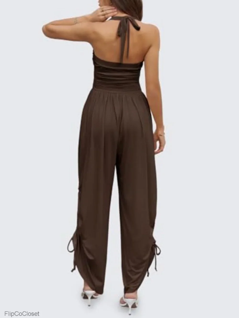 Womens Halter Jumpsuit Sleeveless Wide Leg Side-Cinch Ruched Barrel Pant Romper